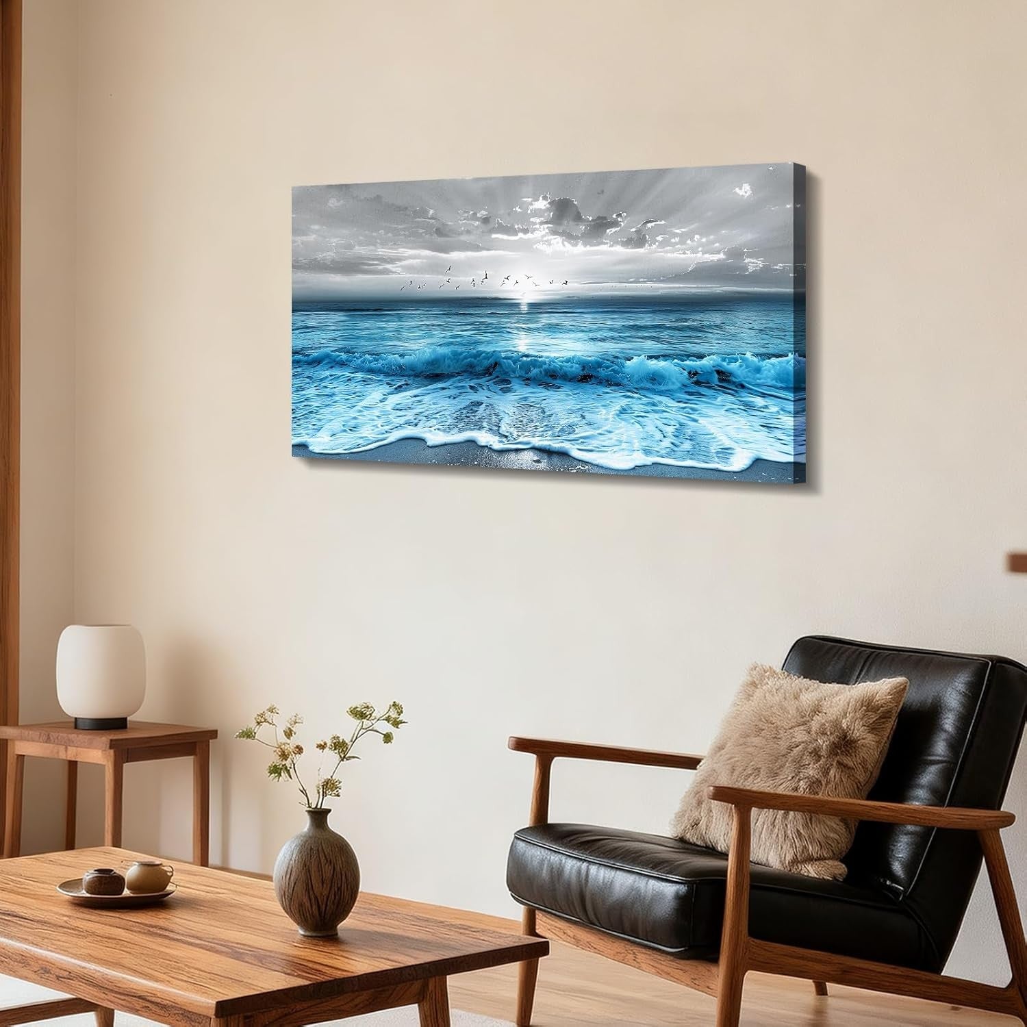 Large Sunrise Beach Canvas Wall Art 20x40in Seagull