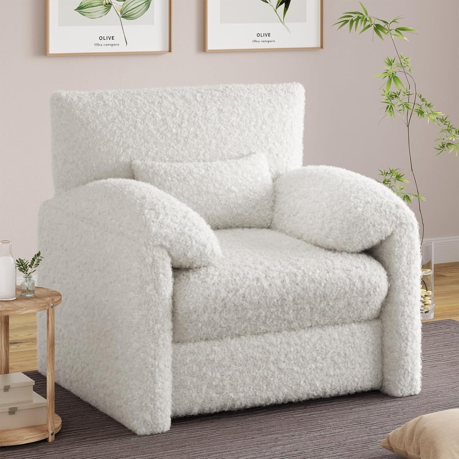 White Teddy Velvet Armchair Sofa | Padded Lounge Seat w/ Lumbar Pillow