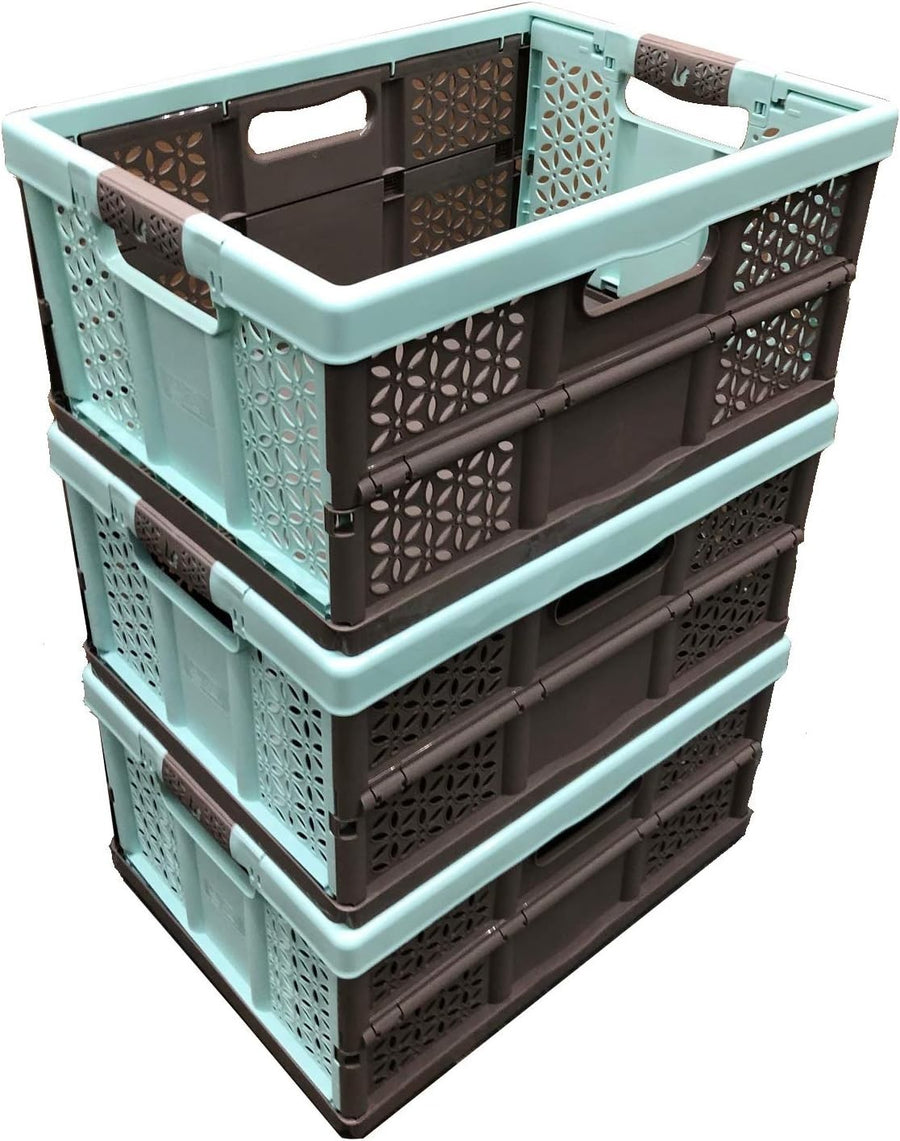 3x 32L Folding Storage Crates Heavy Duty 30kg Stackable Boxes