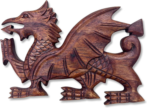 Wooden Dragon Wall Plaque Hand-Carved Decor | Welsh Dragon Ornament | 23cm