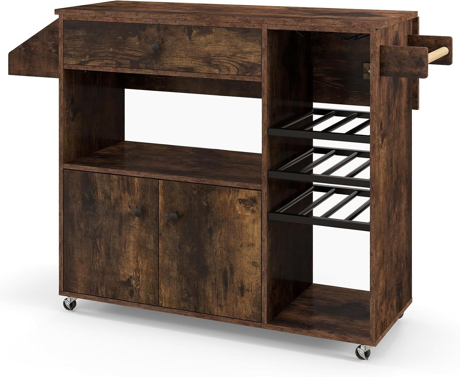 Kitchen Island Trolley Drop Leaf Wine Rack Rustic