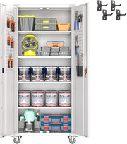 Tall Metal Storage Cabinet 183cm Lockable Doors Shelves Wheels Garage Office