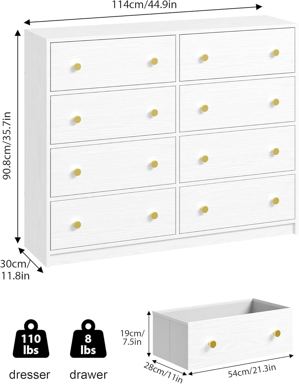 8 Drawer Chest White Fabric Storage Dresser Gold Handles Bedroom Unit