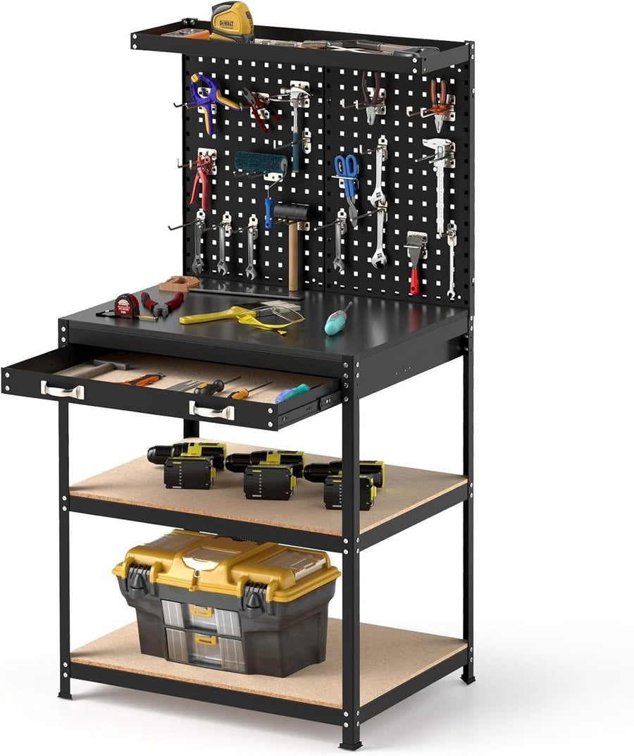Heavy Duty Workbench 81x41x156cm with Pegboard Shelves Drawer 290kg Capacity