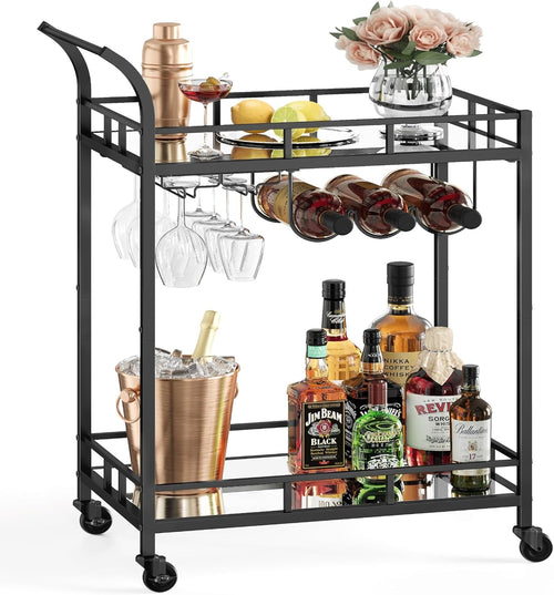 Black Drinks Trolley Bar Cart on Wheels with Wine & Glass Holders
