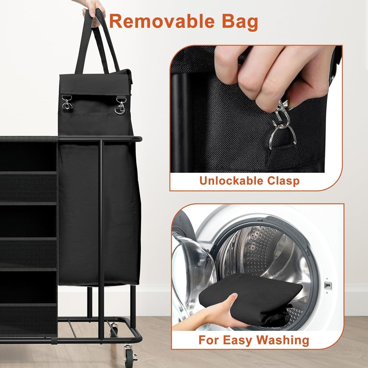 100L Rolling Laundry Sorter with Wheels Hanging Bag & Storage Shelves Black