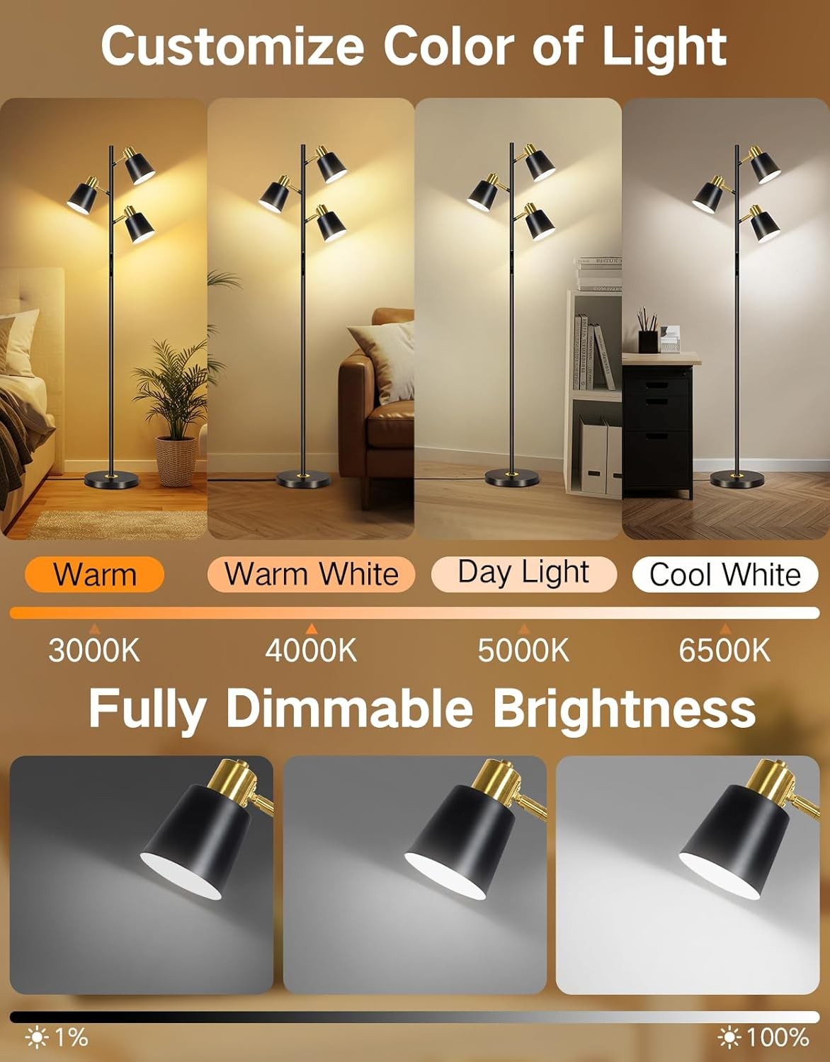 LED Tree Floor Lamp Dimmable Remote Touch 3 Head Adjustable Modern Light
