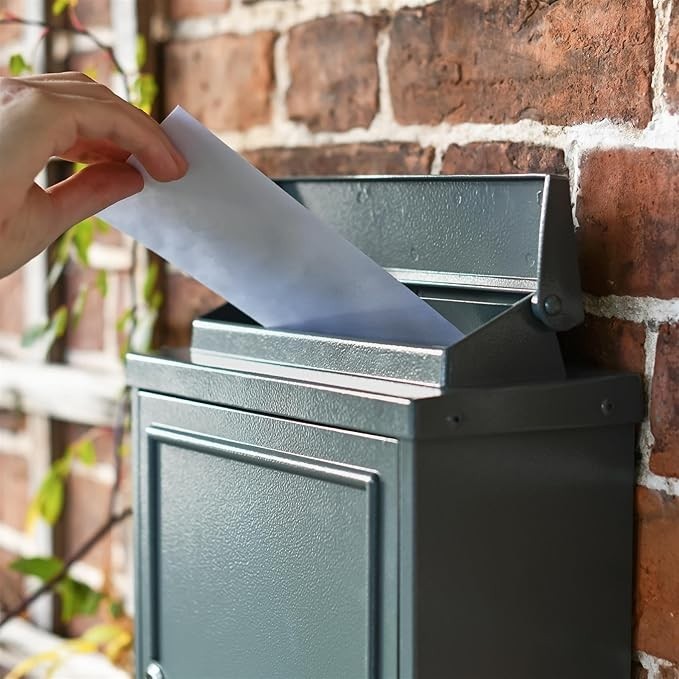 Secure Wall Mounted Post Box Grey Steel A4 Flap Lockable Outdoor Mailbox