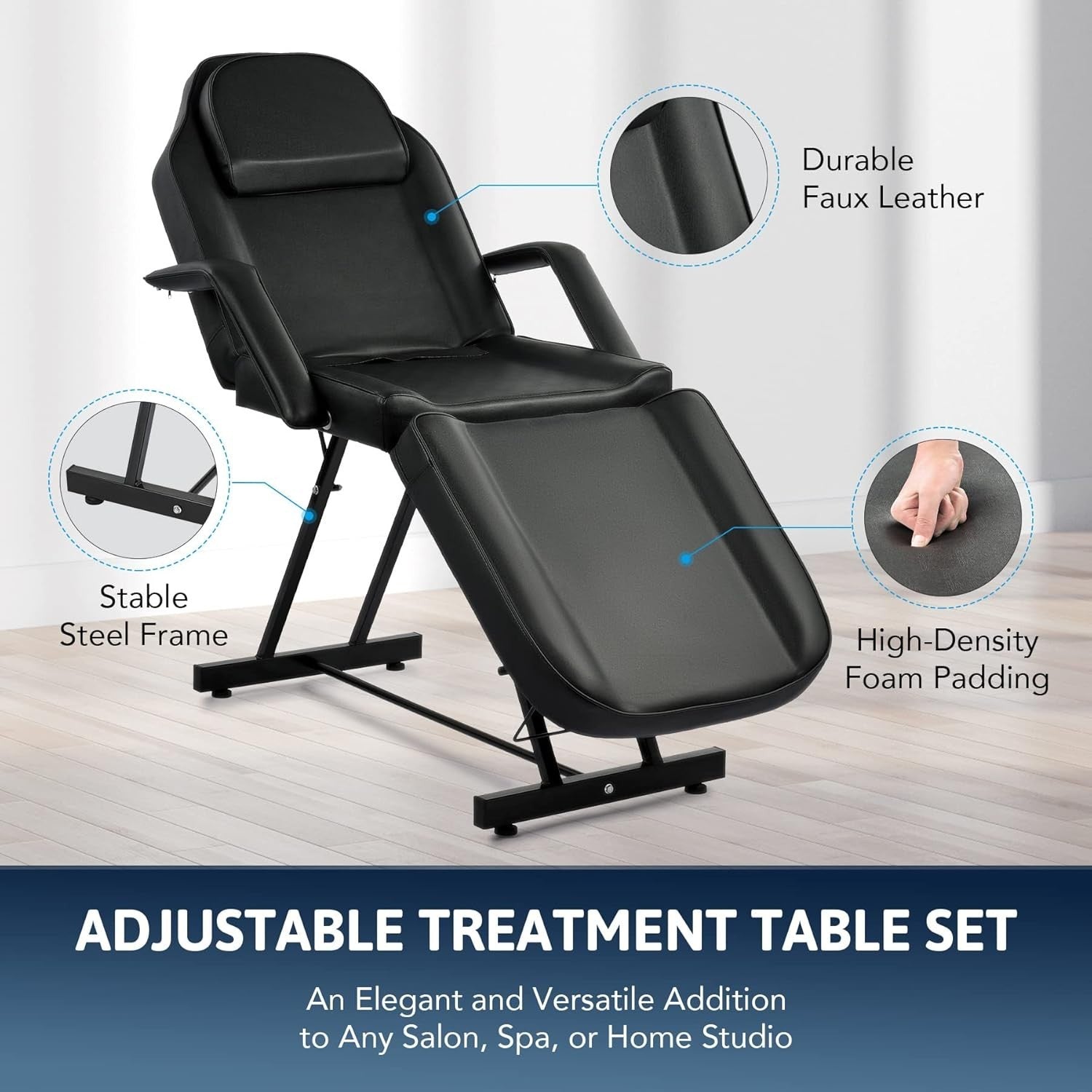 Adjustable 3-Section Beauty Massage Bed Steel Frame w/ Headrest Stool Black