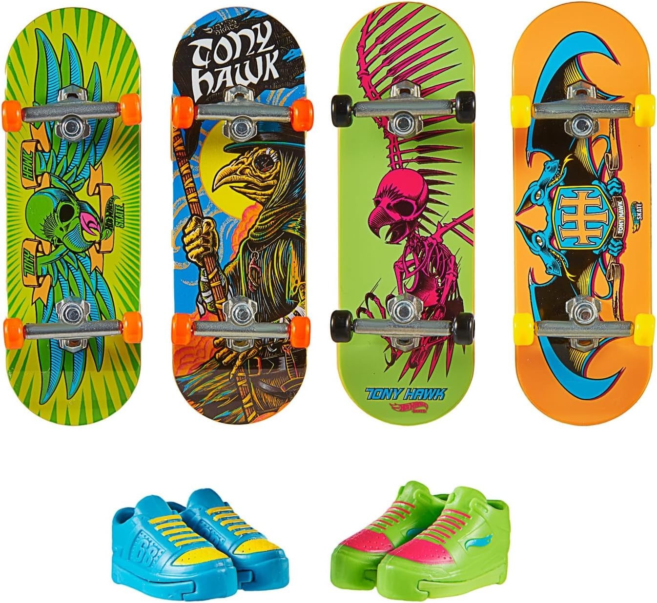 Tony Hawk Fingerboard 4-Pack Neon Skateboards with Removable Shoes