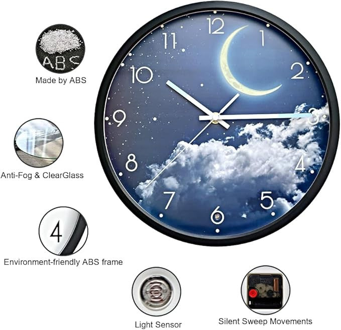 Blue Moon Luminous Wall Clock 30cm Silent Glow-in-Dark Night Sky Bedroom Decor