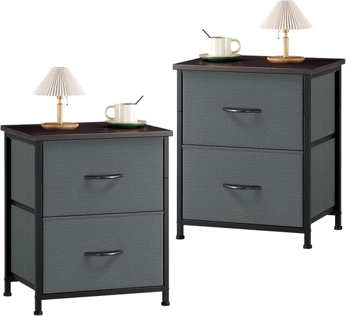 Charcoal Grey Bedside Tables Set of 2 with Fabric Drawers, Metal Frame