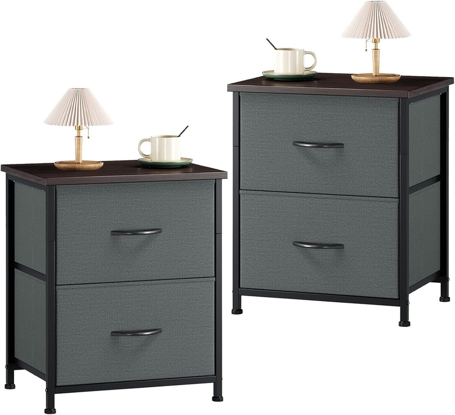 Charcoal Grey Bedside Tables Set of 2 with Fabric Drawers, Metal Frame