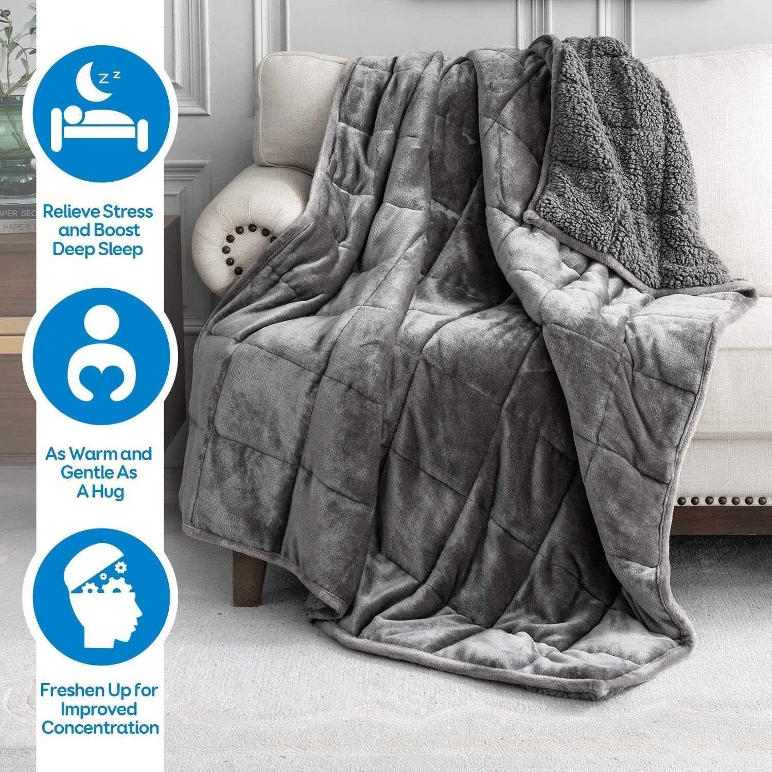Weighted Blanket 12lb Sherpa Fleece Cozy Adult Sleep Aid 60x80 Grey Queen