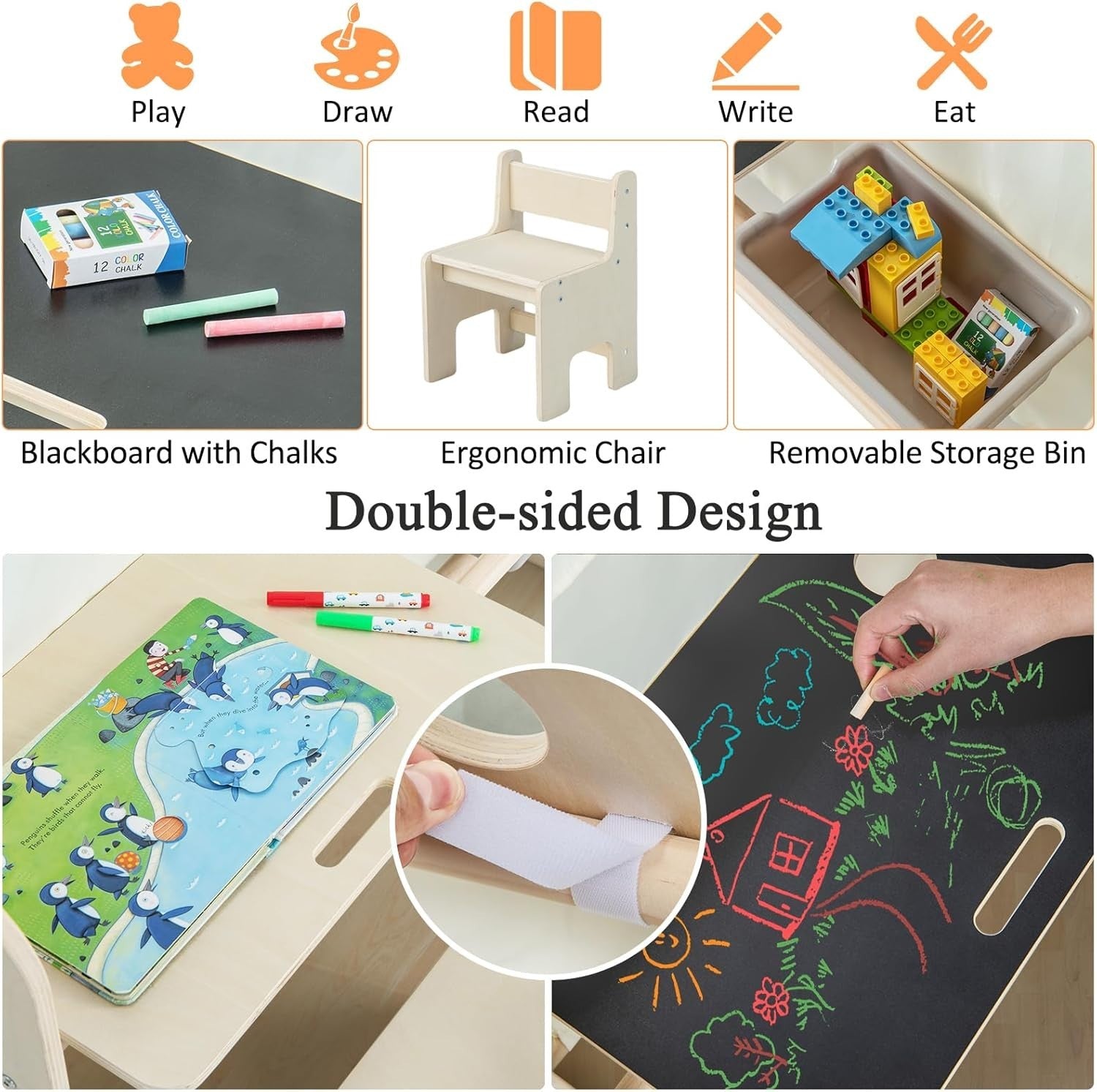 6 in 1 Wooden Kids Playhouse Tent w Desk Chair Blackboard Storage