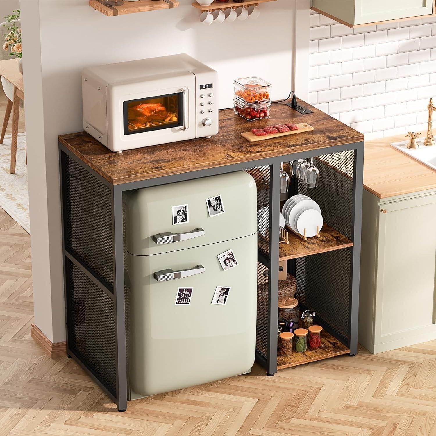 Mini Fridge Stand with Power Outlets Wine Bar Storage Cabinet Rustic Brown