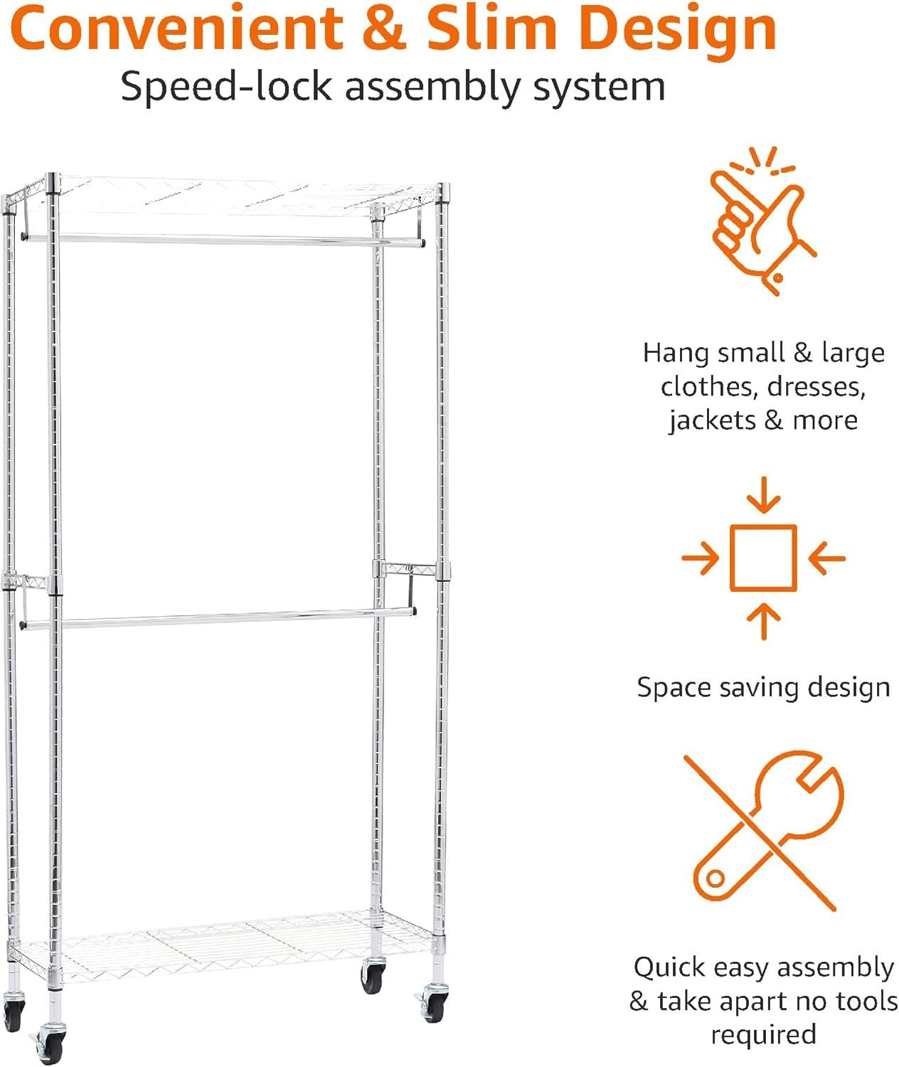 Double Rod Clothes Rail with Shelves – Chrome 183cm