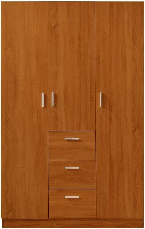 Large Oak Effect 3-Door Wardrobe with 3 Drawers & Hanging Rail Storage