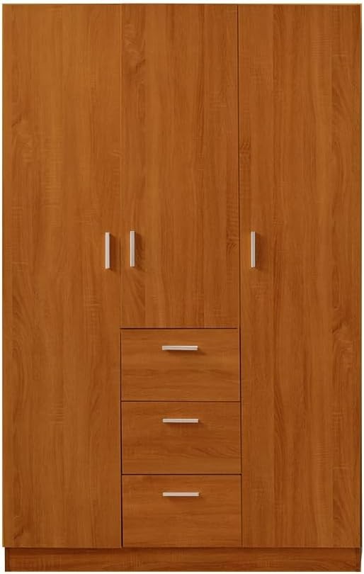 Large Oak Effect 3-Door Wardrobe with 3 Drawers & Hanging Rail Storage