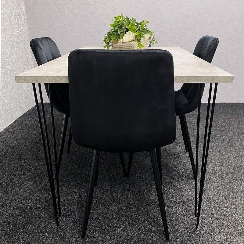 Grey Dining Table Set with 4 Black Velvet Chairs – Hairpin Legs 4 Seater