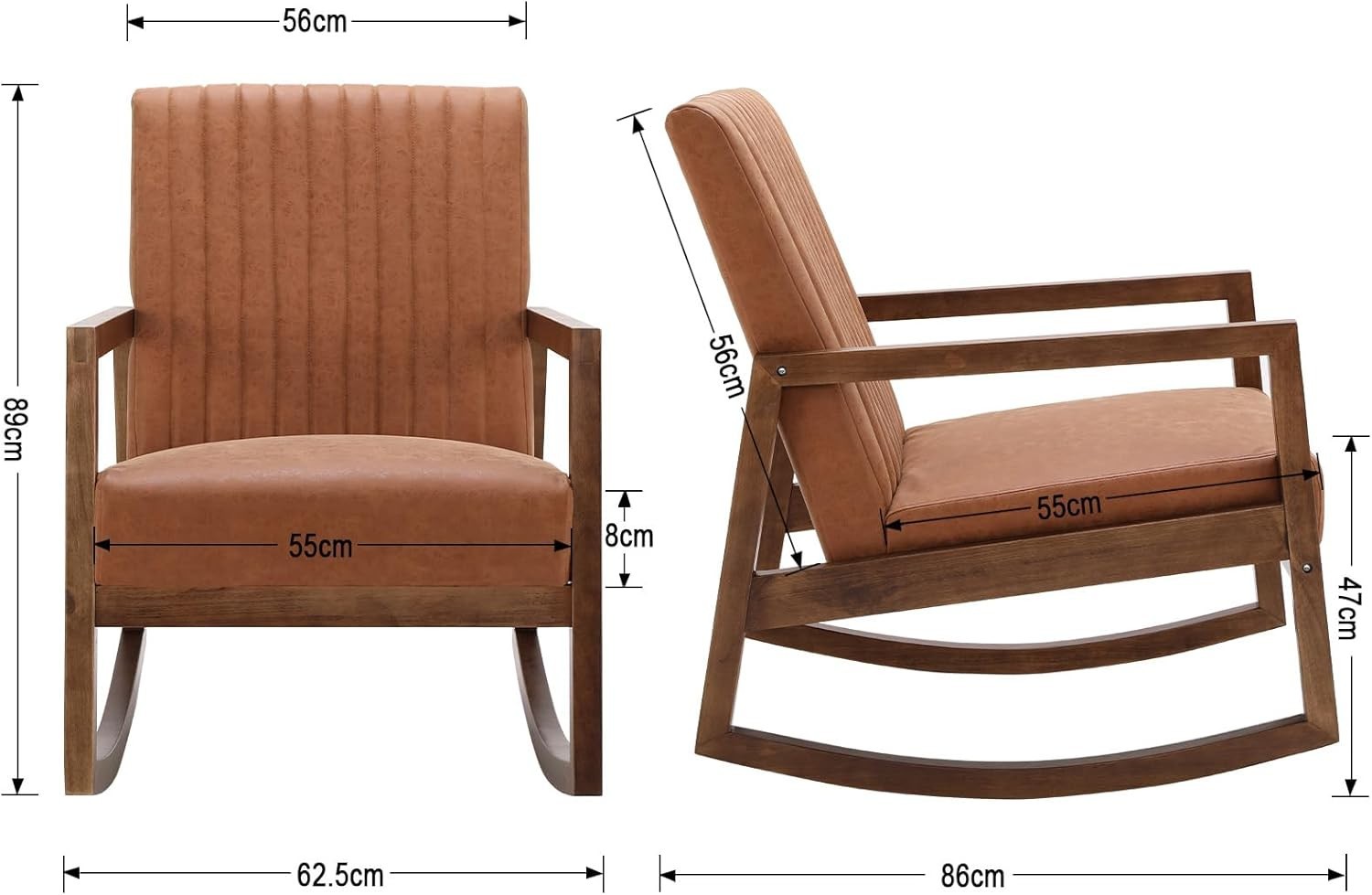 Retro PU Leather Rocking Chair Walnut Wood Frame Comfortable Reading Seat