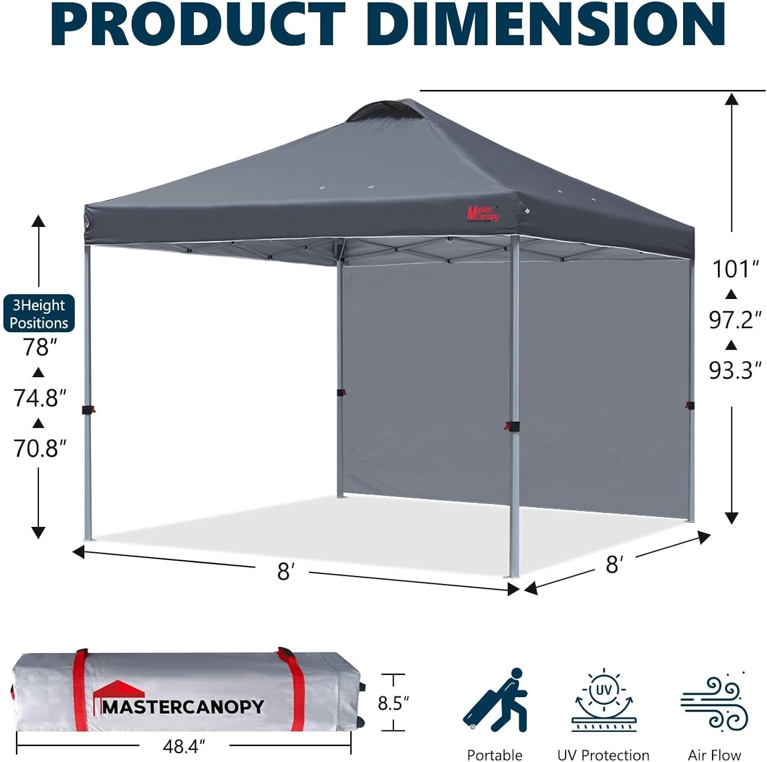 2.5x2.5M Dark Grey Pop Up Gazebo Tent With 1 Sidewall – Waterproof, UV50+