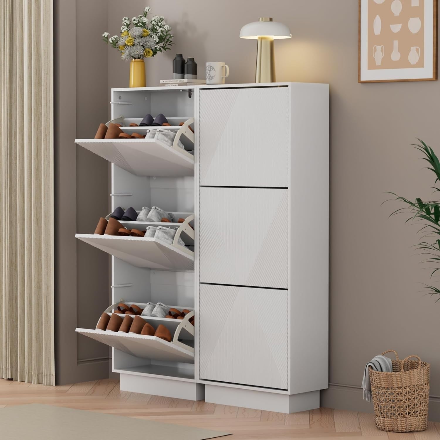 White Slim Shoe Cabinet Storage | 3 Flip Drawers, Anti-Tip, 131cm Tall