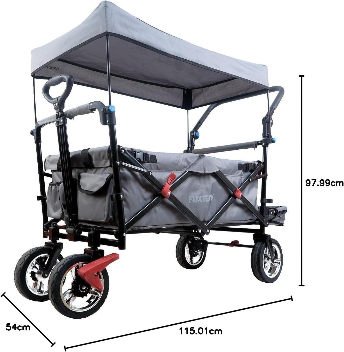 Grey Folding Kids Wagon w/ Roof Push Pull Cart Brakes Solid Wheels & Extension