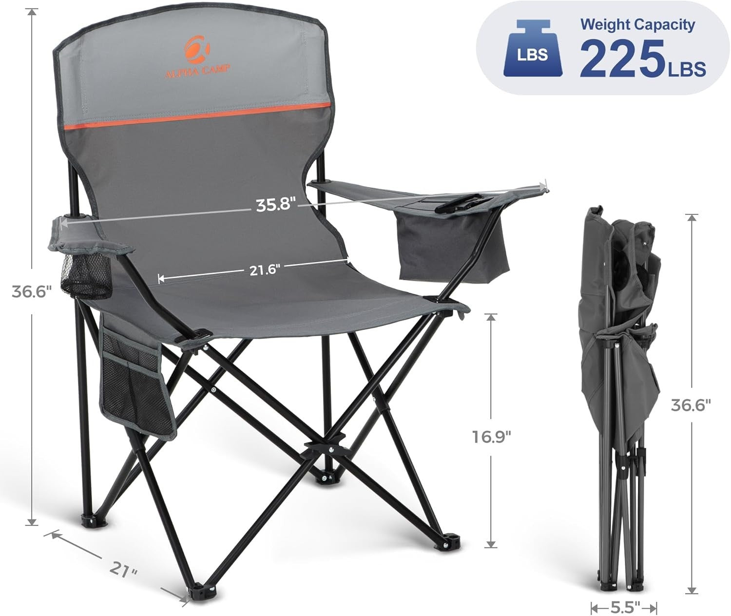 Portable Folding Camping Chairs 2-Pack with Cooler Bag, Cup Holders, 100kg