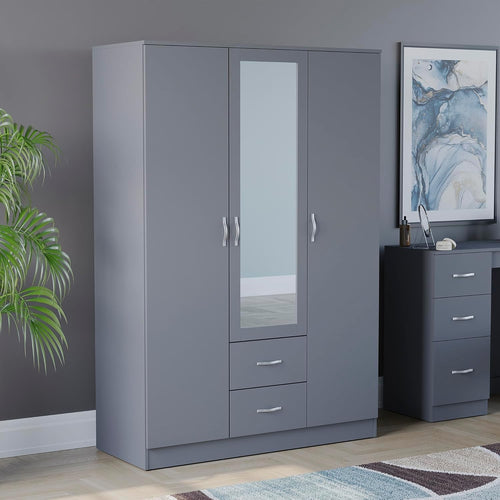 Grey 3 Door Mirrored Wardrobe with Hanging Rail & Drawers, Bedroom Storage