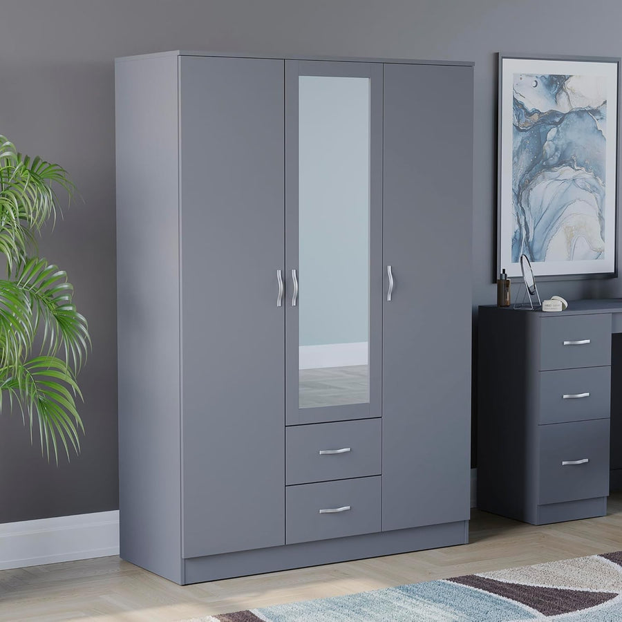 Grey 3 Door Mirrored Wardrobe with Hanging Rail & Drawers, Bedroom Storage
