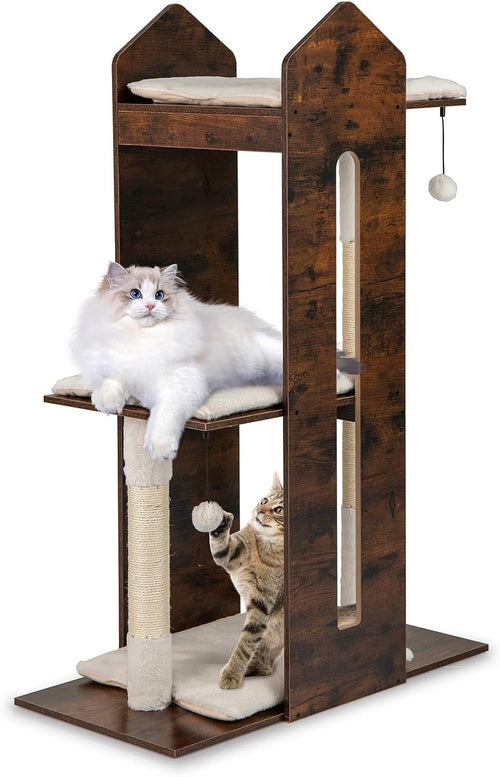 Wooden Cat Tree Tower Dark Brown 120cm Multi-Level Scratching Post Indoor