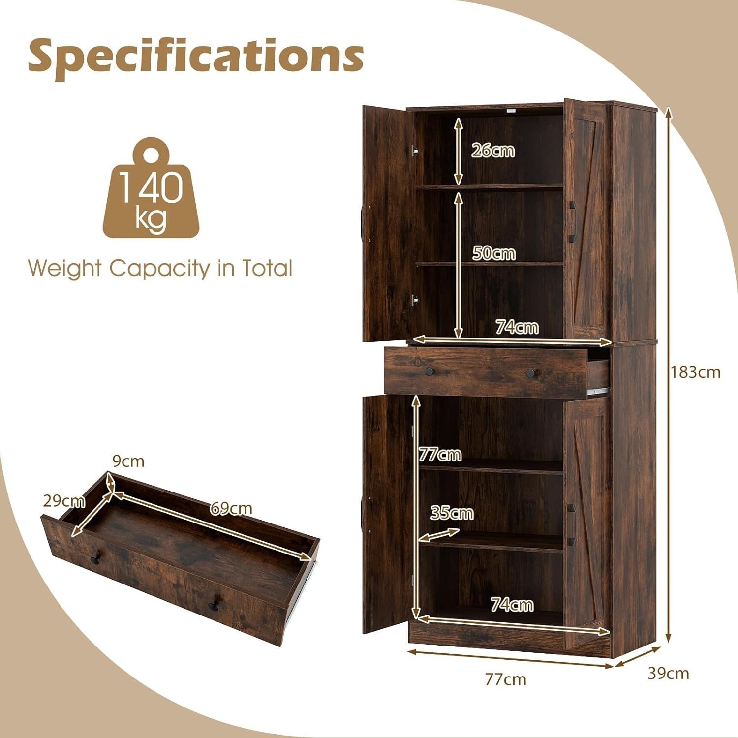 183cm Tall Kitchen Cupboard Rustic Brown 6-Tier Adjustable Drawer Storage