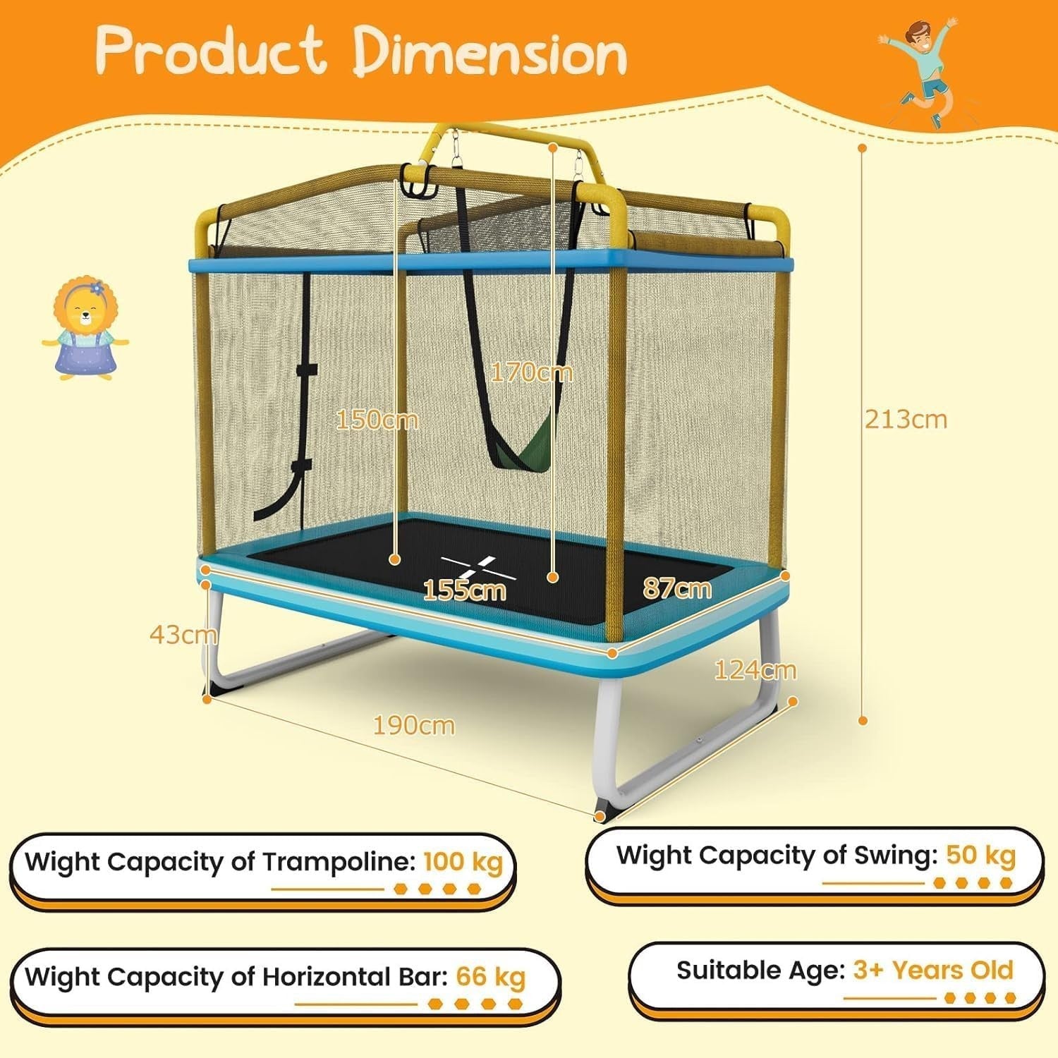 6FT Kids 3-in-1 Trampoline with Safety Net Swing Bar Indoor Outdoor