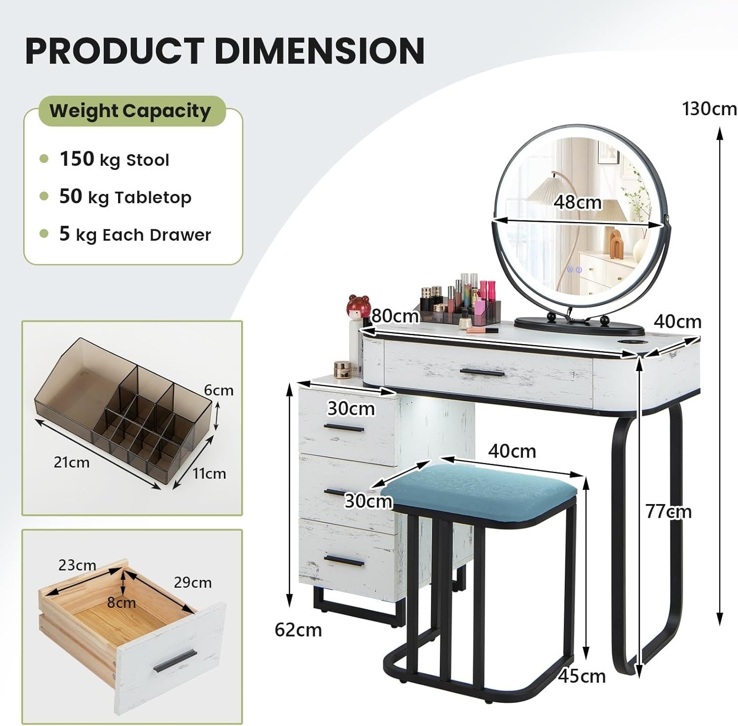 Vanity Makeup Dressing Table Set with Lighted Mirror Stool 3-Drawer Charger