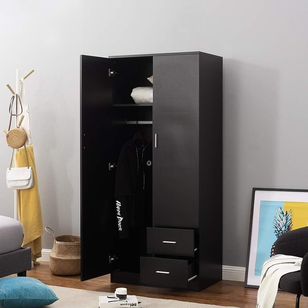 Modern Black 2 Door Wardrobe with 2 Drawers & Hanging Space Bedroom Storage
