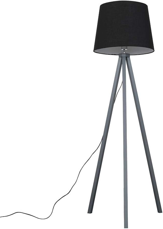 Grey Wooden Tripod Floor Lamp Black Tapered Shade Living Room Light
