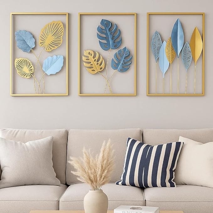 Bohemian 3D Metal Leaf Wall Art Set of 3 16x11" Gold Boho Decor