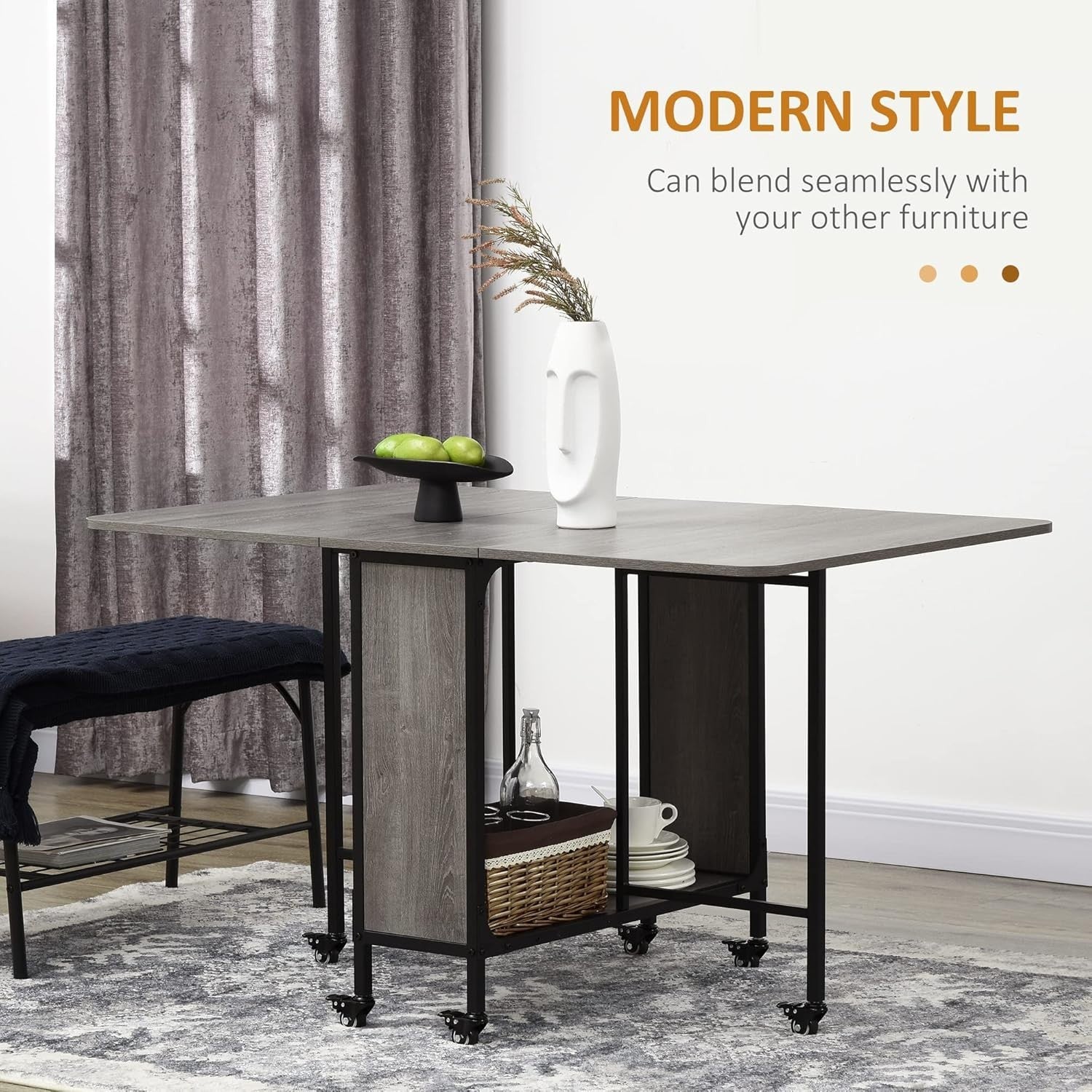 Foldable Drop Leaf Dining Table on Wheels Grey Space-Saving Kitchen Desk