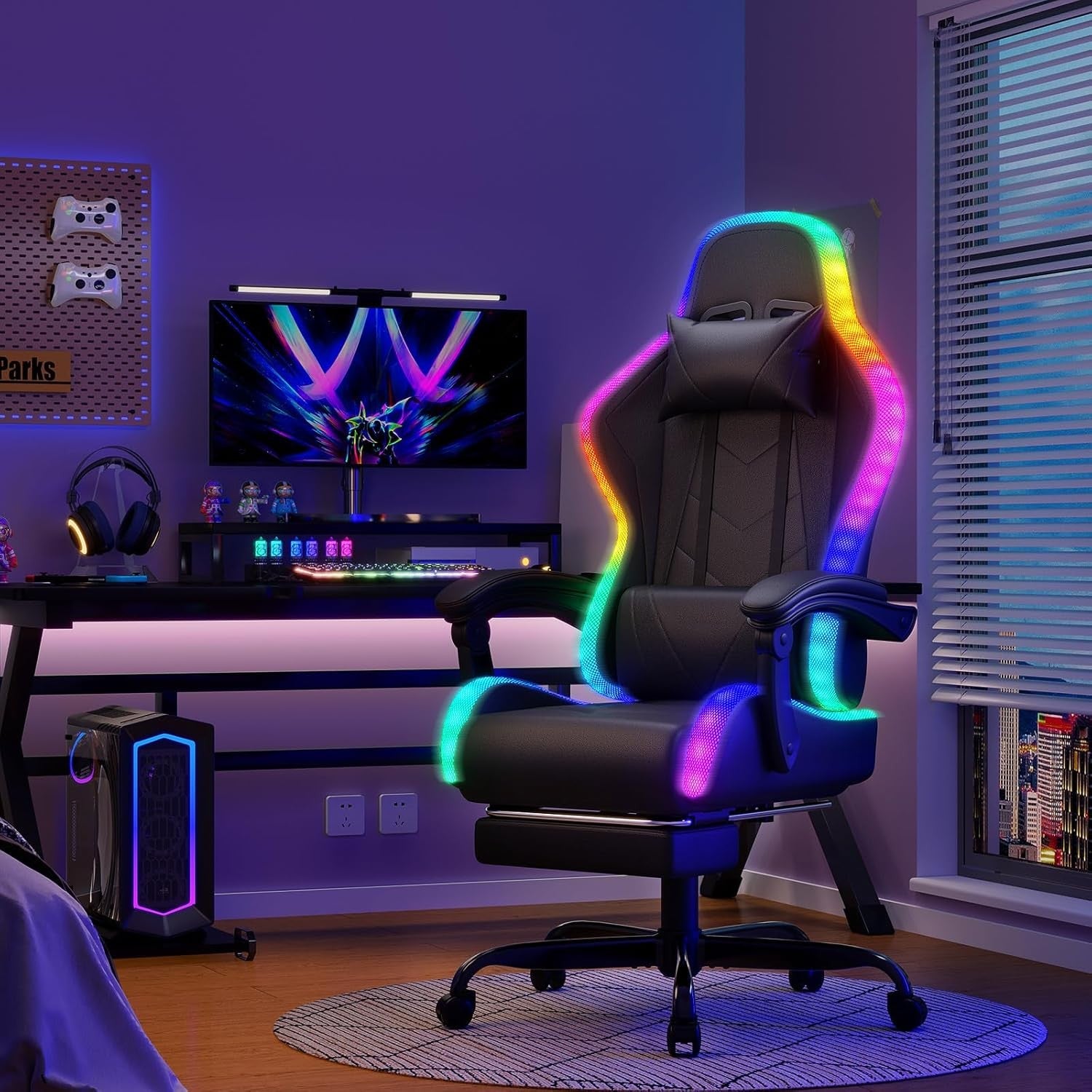 LED Gaming Chair w/ Footrest Massage Reclining RGB Black
