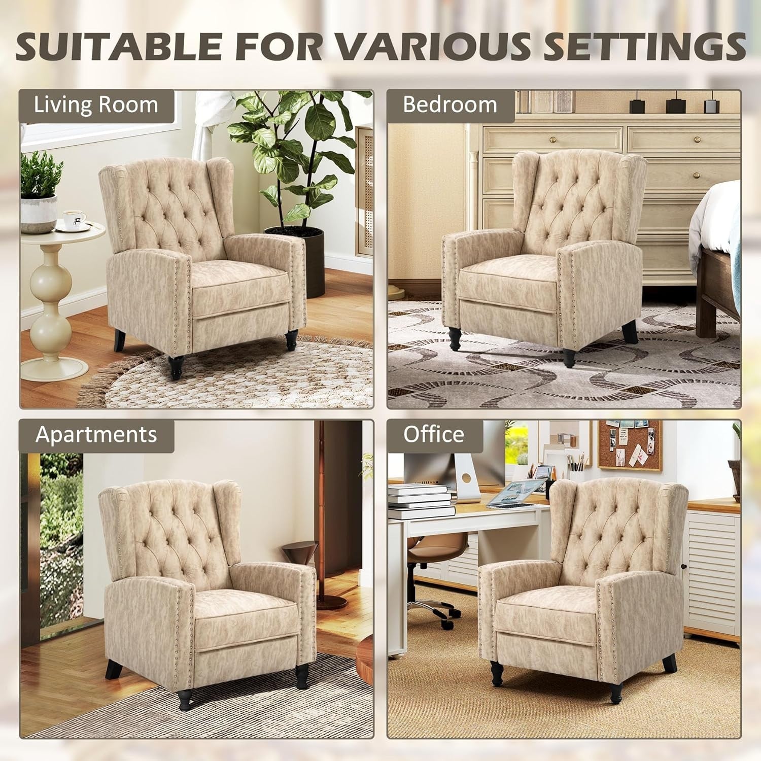 Beige Recliner Armchair with Footrest Wingback Tufted Chair Vintage Look
