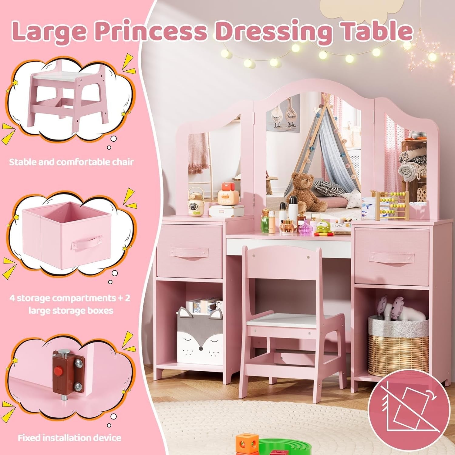 Kids Vanity Dressing Table Set with Tri-Fold Mirror, Stool & Storage Pink
