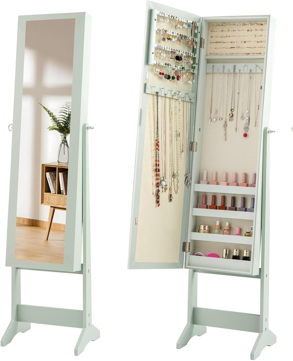 Freestanding Jewelry Cabinet Full Length Mirror Adjustable Storage Green