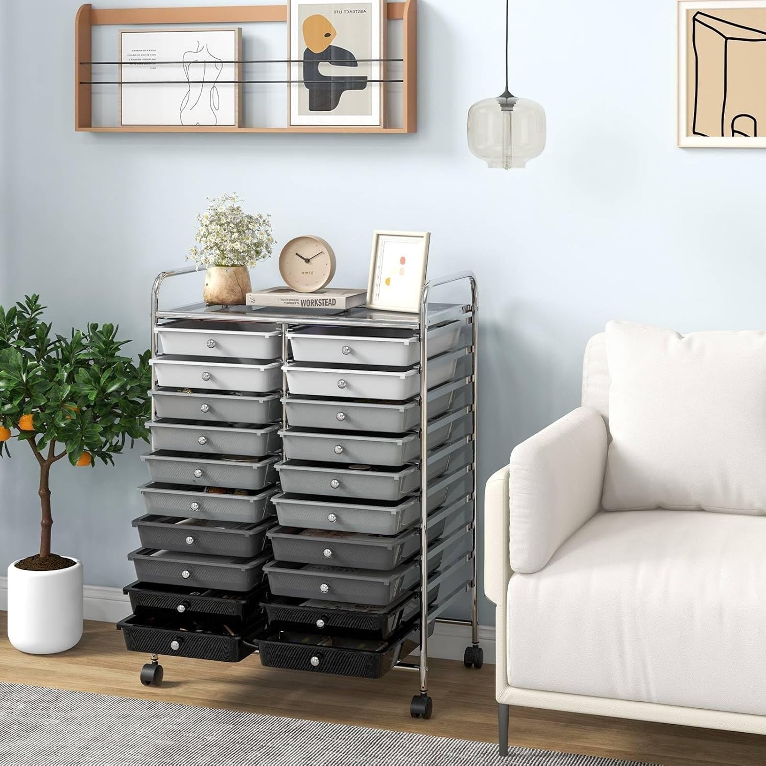 Gradient Black 20 Drawer Rolling Storage Trolley Utility Organizer Cart