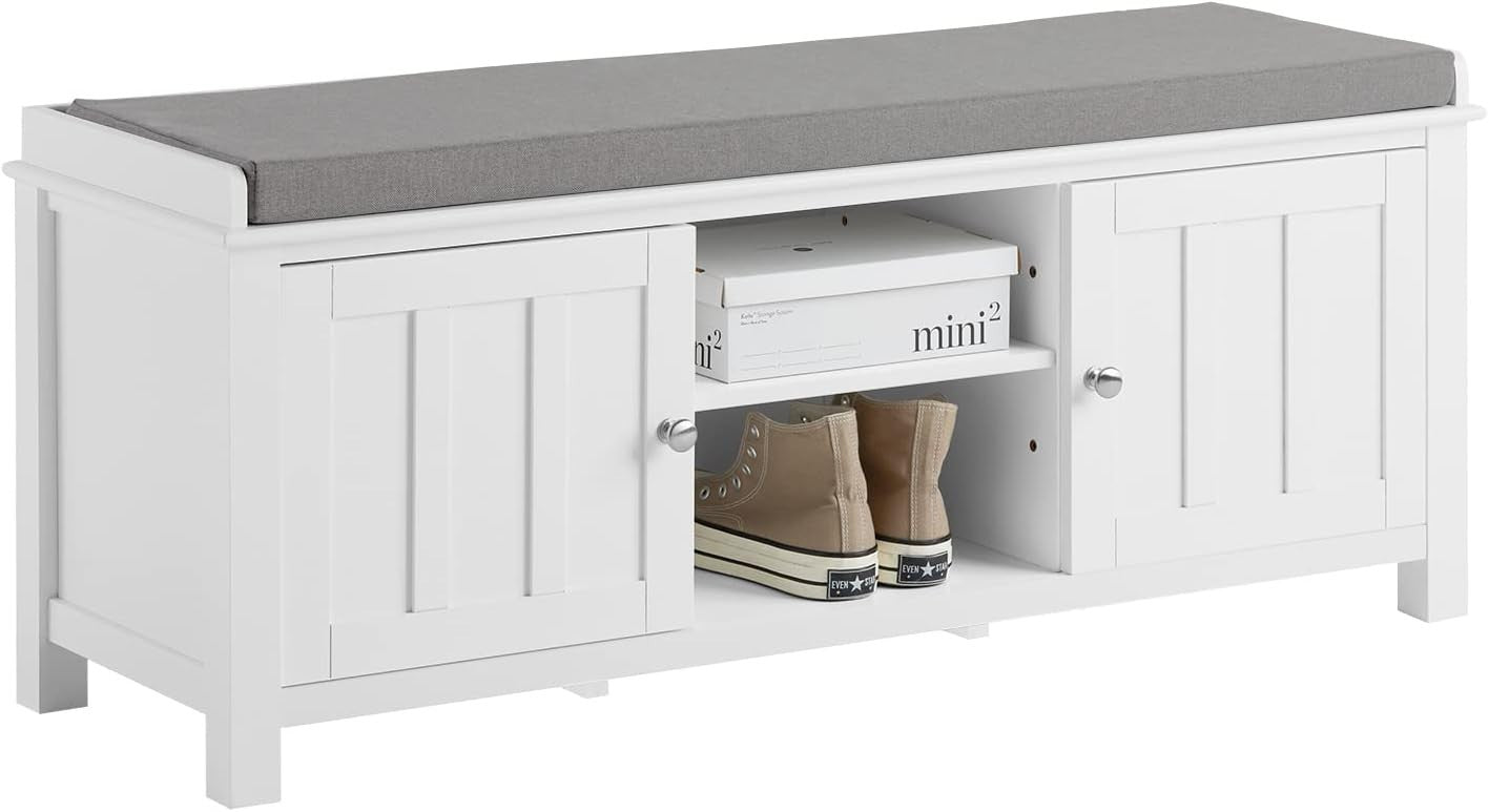 Modern White Storage Bench with Cushion & Shoe Cabinet – 105×35×43 cm