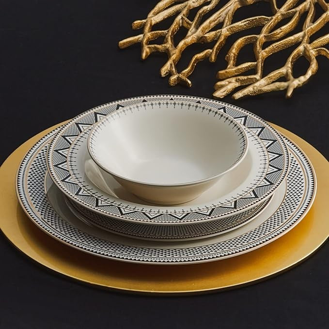 24 Piece Porcelain Dinner Set for 6 Plates Bowls White Gold Rim