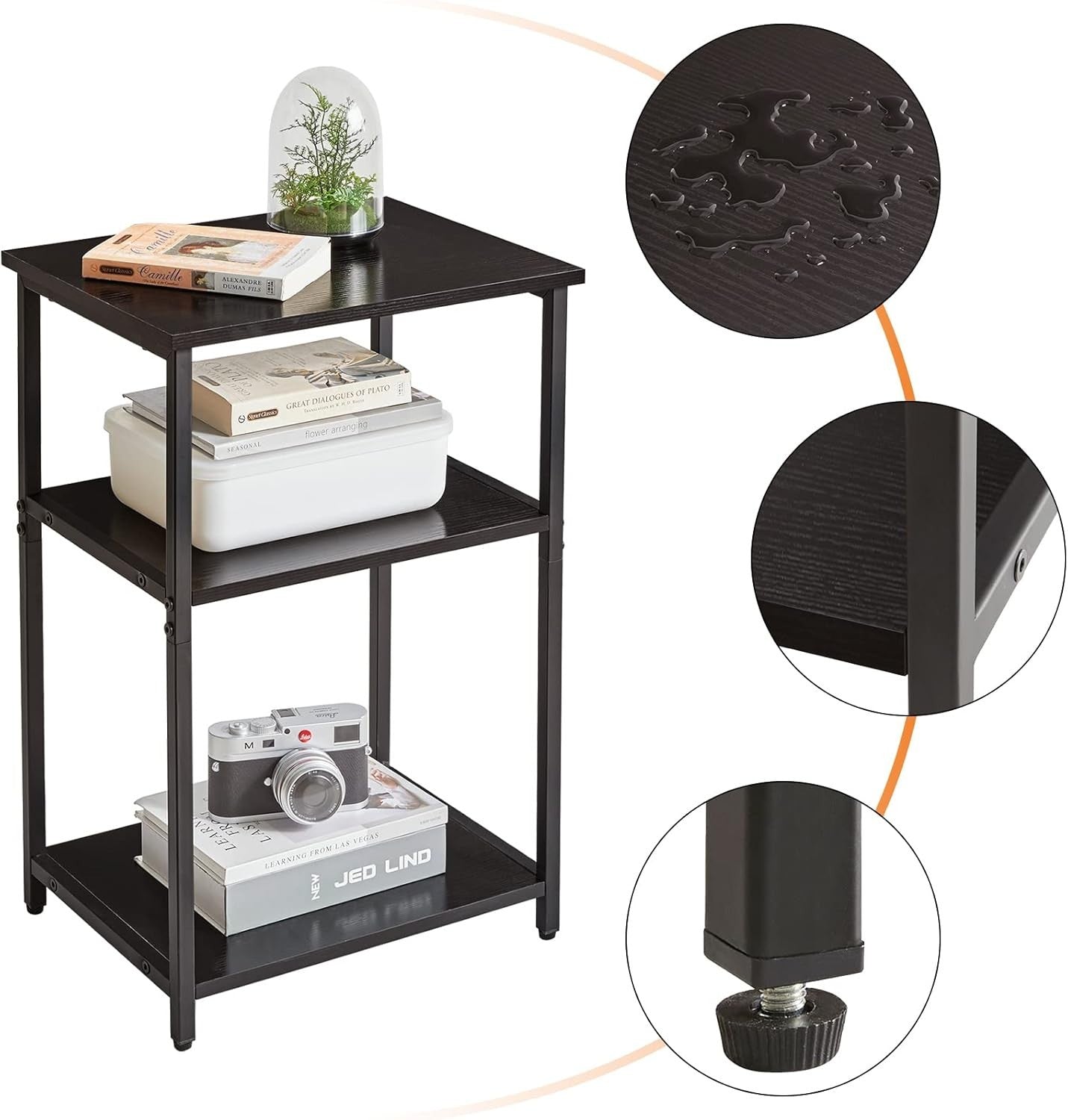 3-Tier Industrial Side Table with Storage Shelves & Protective Feet, Black
