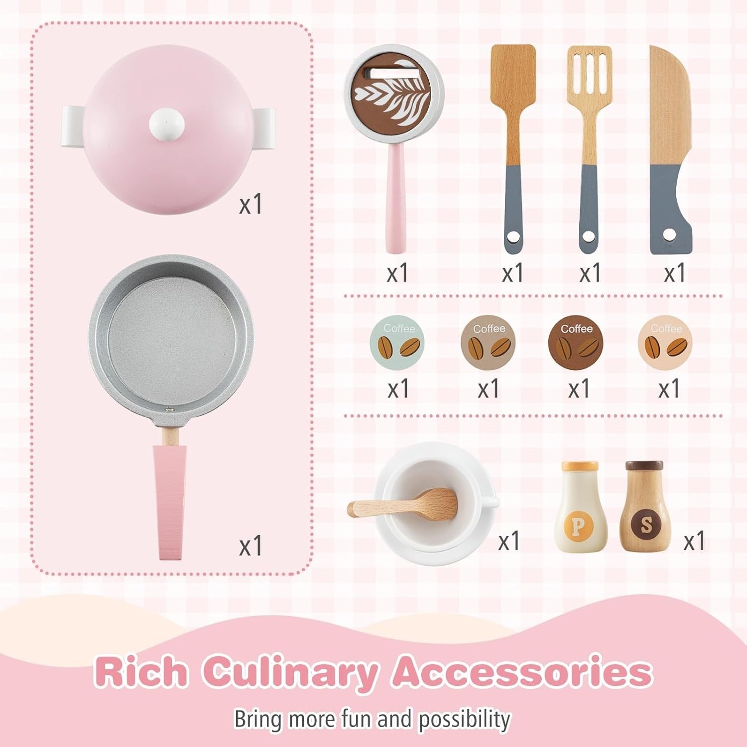 Kids Wooden Play Kitchen w/ Coffee Maker Microwave Pink Toy