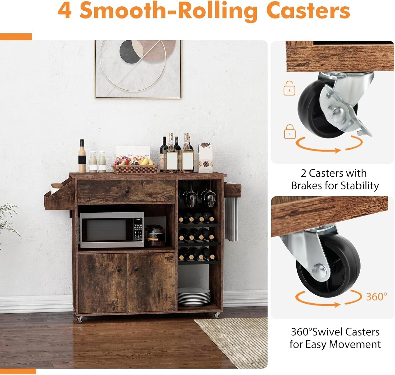Rolling Kitchen Island Cart with Drop Leaf, Wine Rack & Adjustable Shelves – Rus