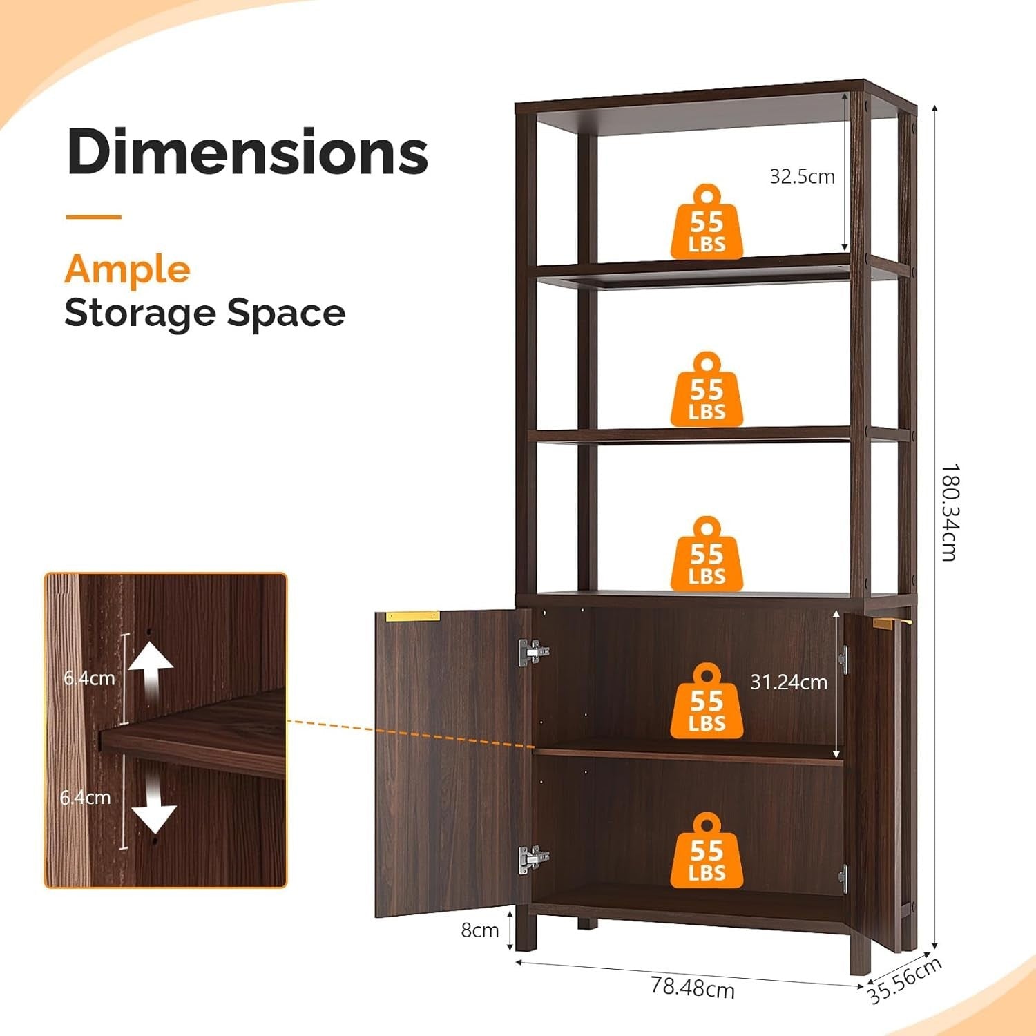 6 Tier Bookcase with Doors Fluted Panel Bookshelf Adjustable Storage Cabinet